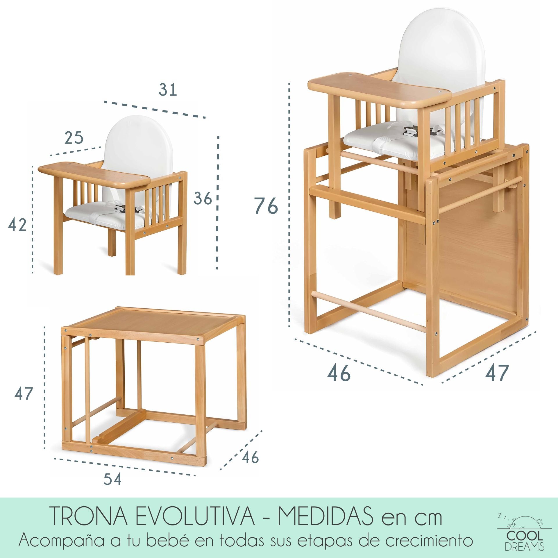 Trona Evolutiva Bebe Portatil De Madera De Haya Evoluonge. Convertible En Mesa Y Silla Infantil. Asiento Acolchado