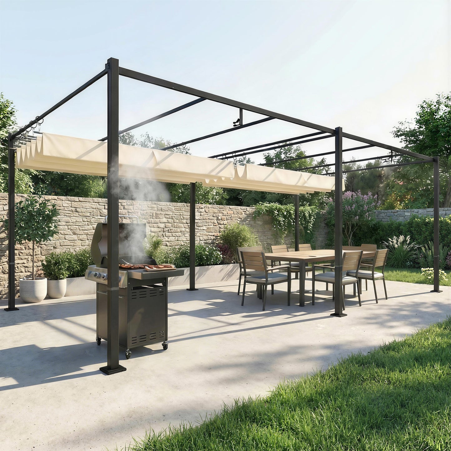 Outsunny Pérgola De Jardín 6x3 M Con Techo Retráctil Upf50+ Drenaje Crema_3