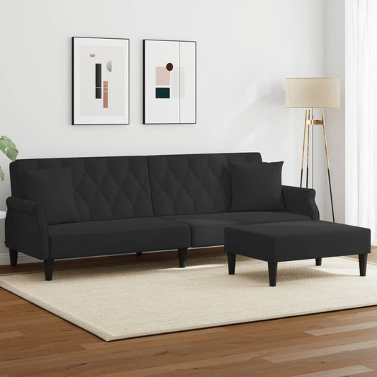 Sofá Cama De 2 Plazas Con Almohadas Y Taburete Terciopelo Negro / Vetonek_0