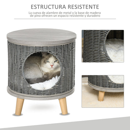 Pawhut Cueva Para Gatos Ratán Ø36x40,5cm Cojín Lavable Patas De Madera Extraíble_5