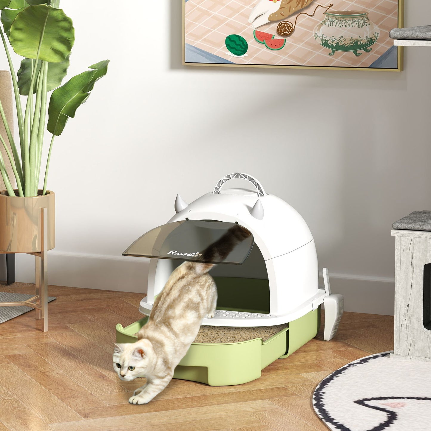 Pawhut Arenero Para Gatos Cubierto Con Bandeja Pala Y Asa Blanco Y Verde_1