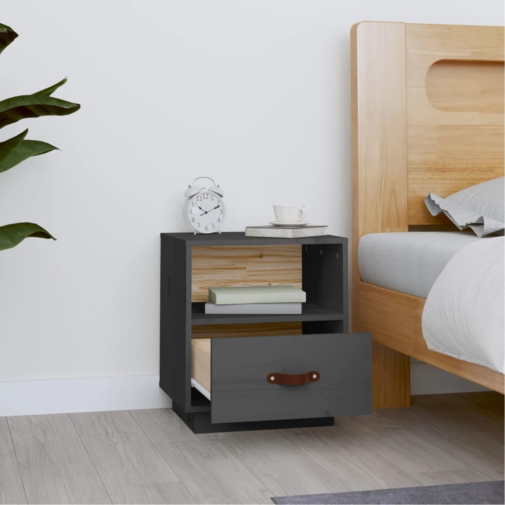 Mesita De Noche Madera Maciza De Pino Gris 40x34x45 Cm_1