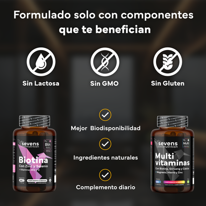 Biotina 10.000 Mcg + Multivitaminas Con Ginseng. Sevens Nutrition. Cabello, Piel Y Uñas + Energía Y Vitalidad Diaria_3