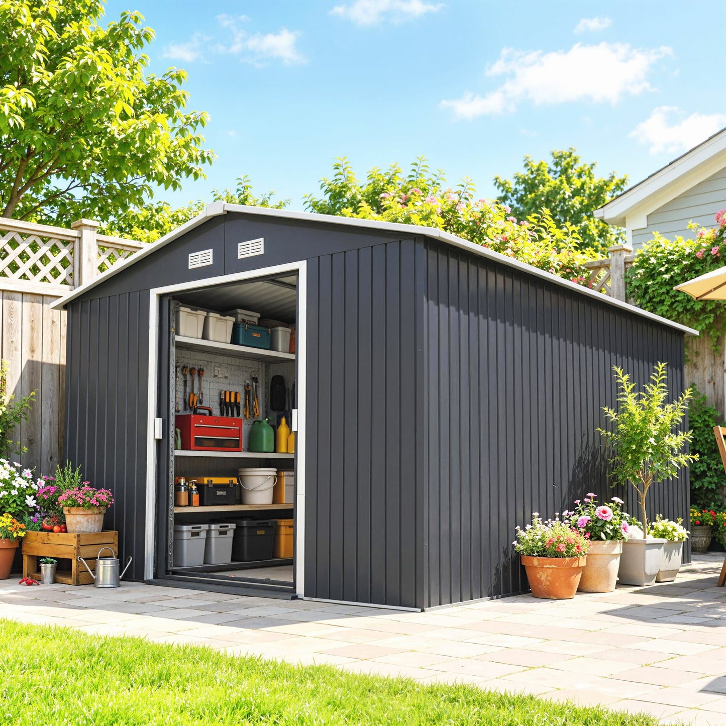 Outsunny Caseta De Jardín De Exterior 8,3 M² 277x322x192 Cm Gris_3
