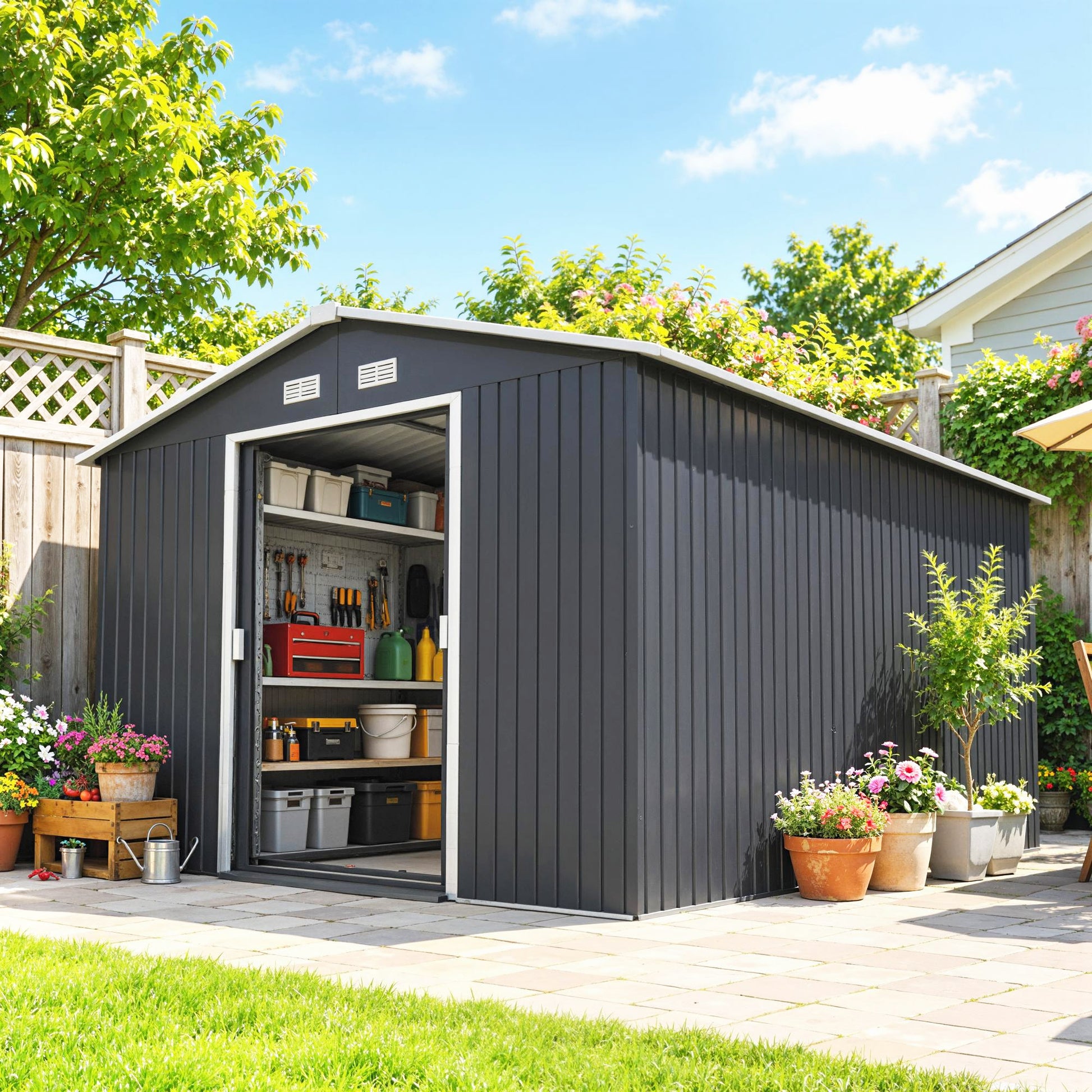 Outsunny Caseta De Jardín De Exterior 8,3 M² 277x322x192 Cm Gris_3