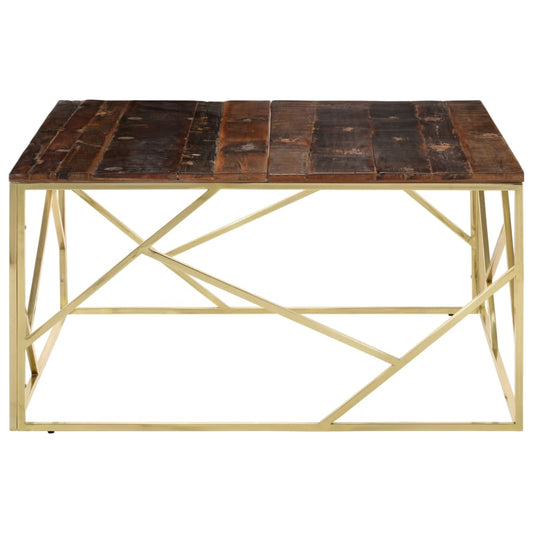 Mesa De Centro Acero Inoxidable Madera Maciza Traviesa Dorado_0