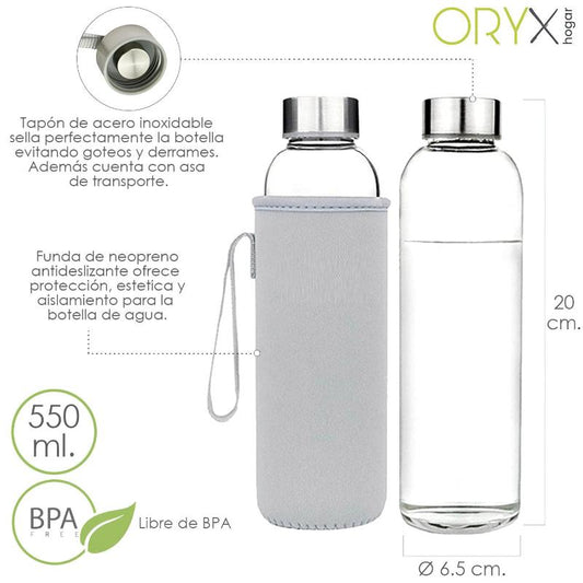 Botella Agua Cristal 550 Ml. Funda Neopreno Con Asa. Sin Bpa_0