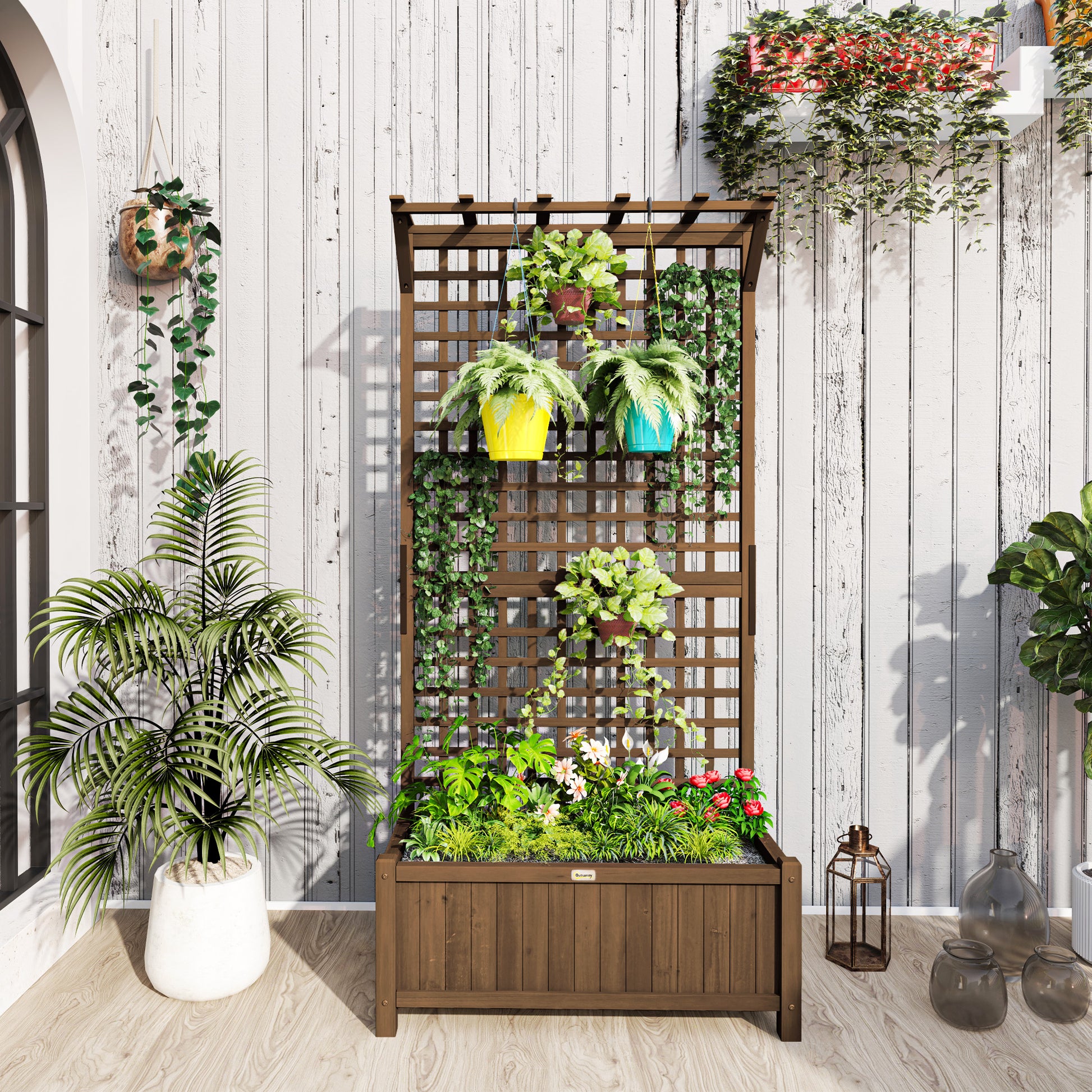 Outsunny Jardinera Con Enrejado De Madera Para Trepadora Plantas 90x45x183 Cm_1