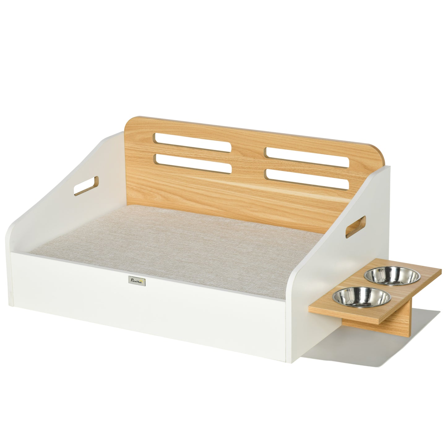 Pawhut Cama De Madera Para Perros Con Comedero 2 Cuencos Y Cojín 100x56x39 Cm_0