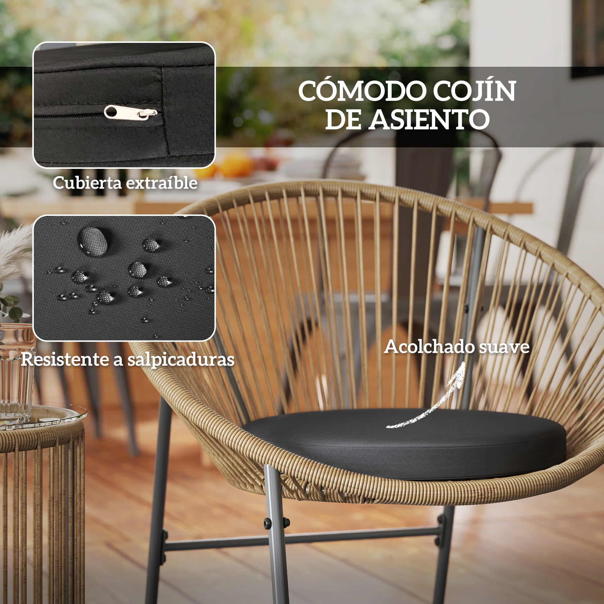 Outsunny Conjunto De Muebles De R 1 Mesa Redonda Y 2 Sillas Con Cojines Natural_5
