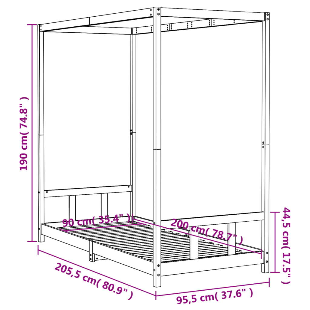 Estructura De Cama Para Niños Madera De Pino Negro 90x200 Cm / Vetonek_3
