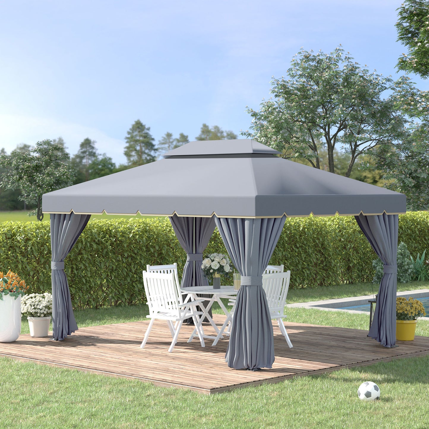 Outsunny Cenador De Jardín 4x3 M Pabellón De Jardín Con Doble Techo Gris_1