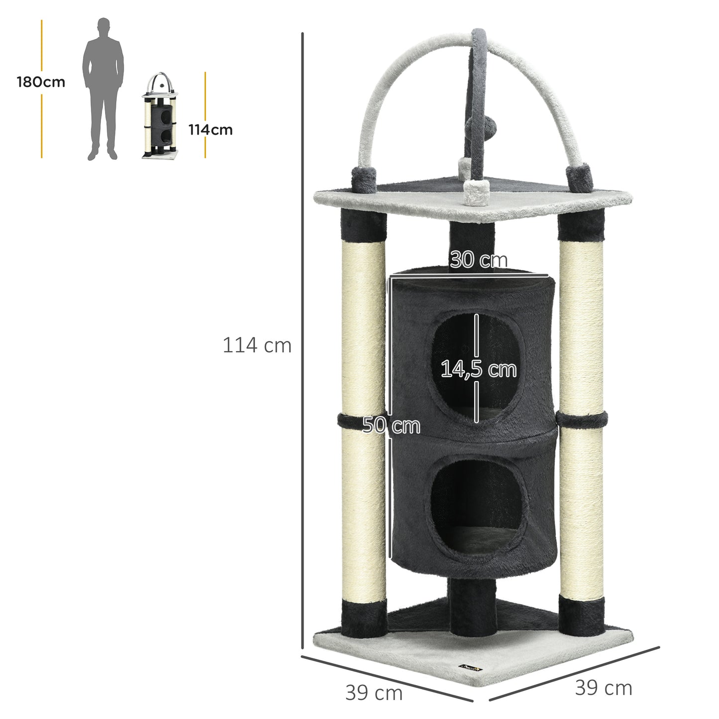 Pawhut Árbol Para Gatos Altura 114 Cm Con Plataforma Postes De Yute Y Bola Gris_2