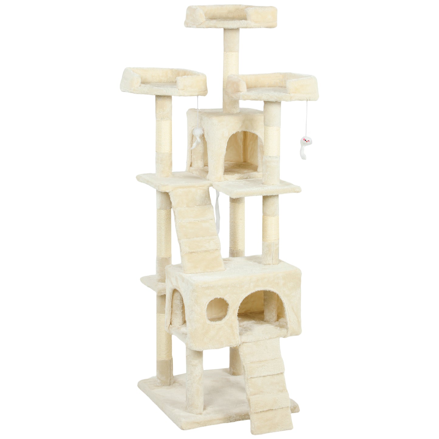 Pawhut Árbol Rascador Para Gatos 153 Cm Con 2 Cuevas 3 Camas 2 Rampas Crema_0