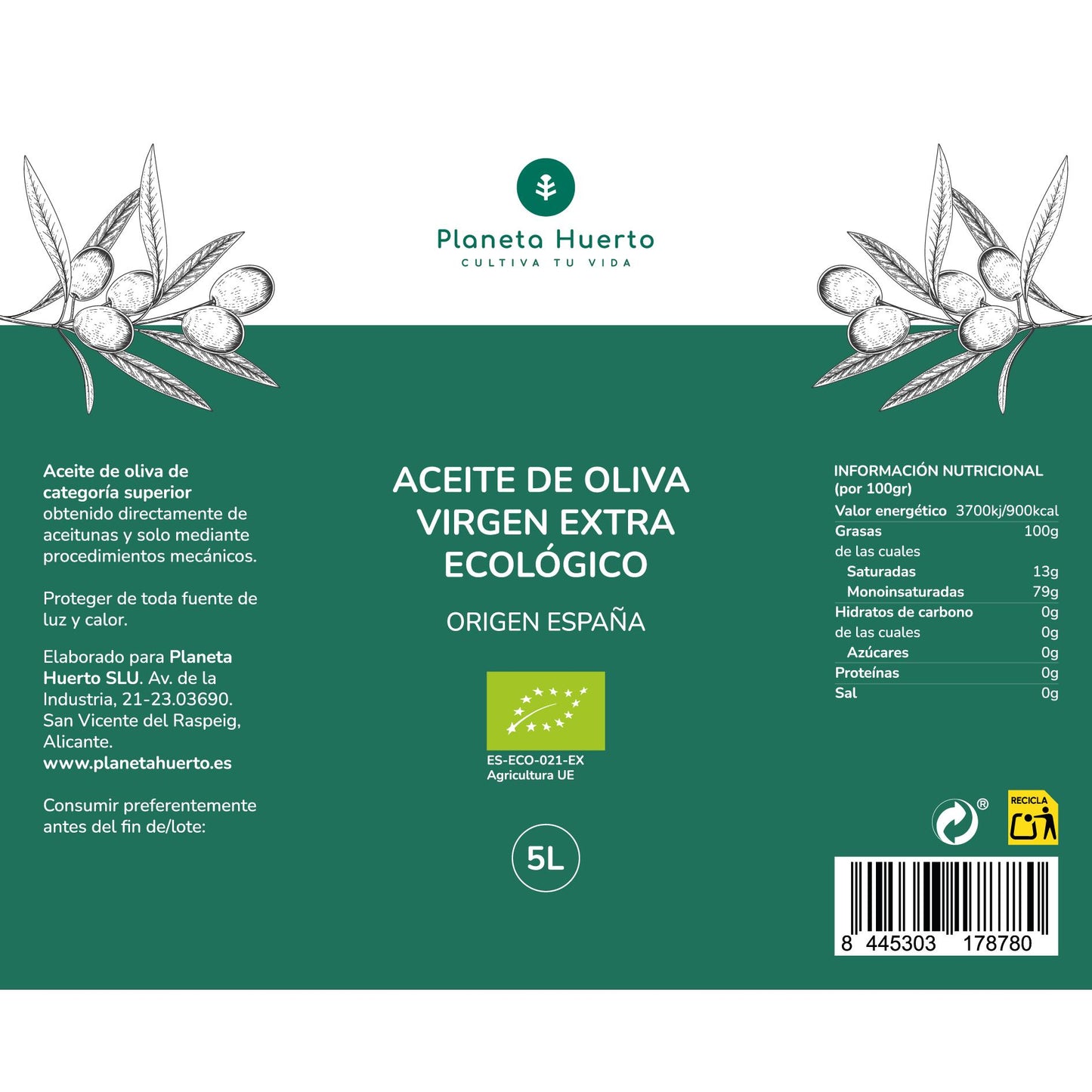 Pack 3x Aceite de oliva Virgen Extra ECO Planeta Huerto 5 L