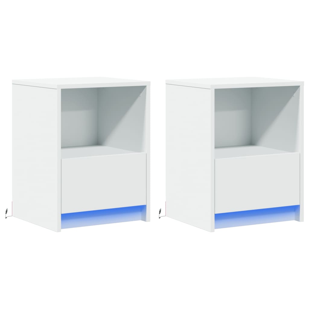 Mesitas De Noche Con Luces Led 2 Uds Madera Ingeniería Blanca_1