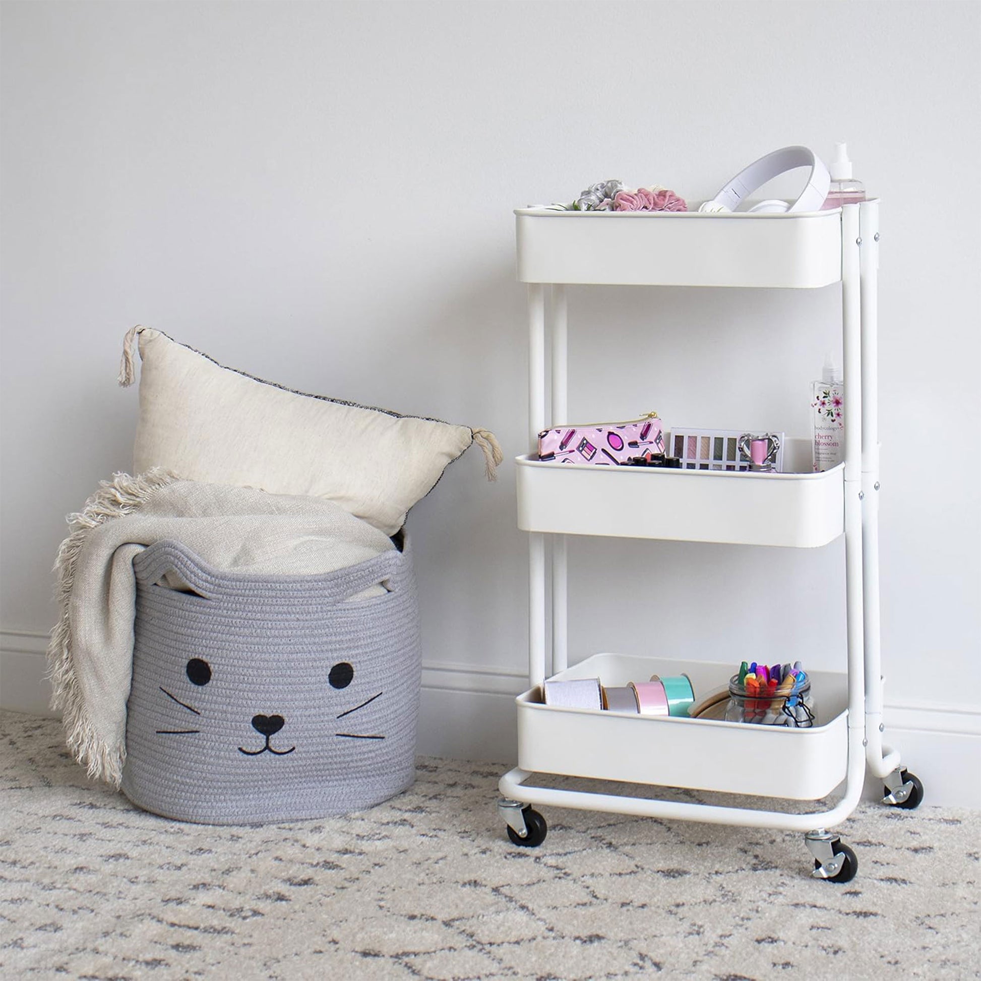 Well Home Carro De Cocina De Hierro En Blanco Con Ruedas Y 3 Cajones