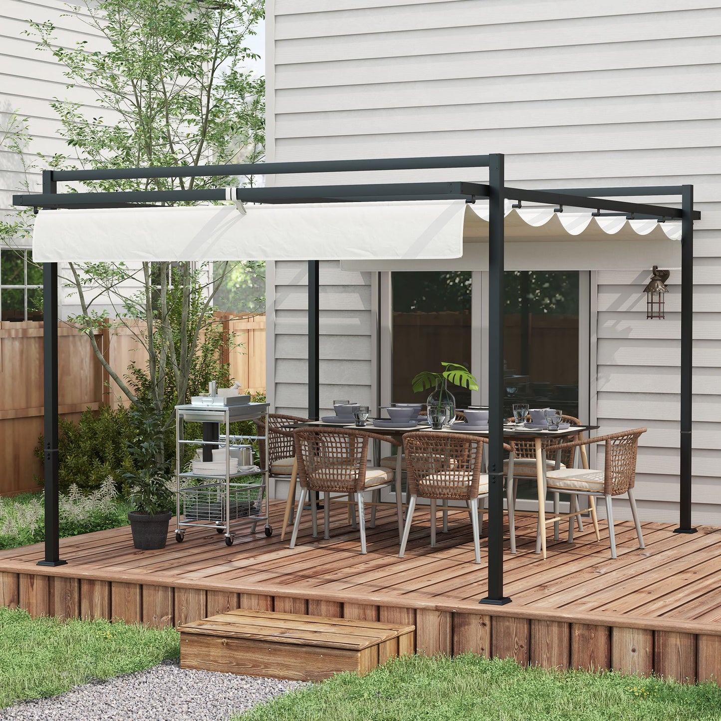 Outsunny Pérgola 3x4 M Con Techo Retráctil De Poliéster Blanco Y Gris Oscuro_1