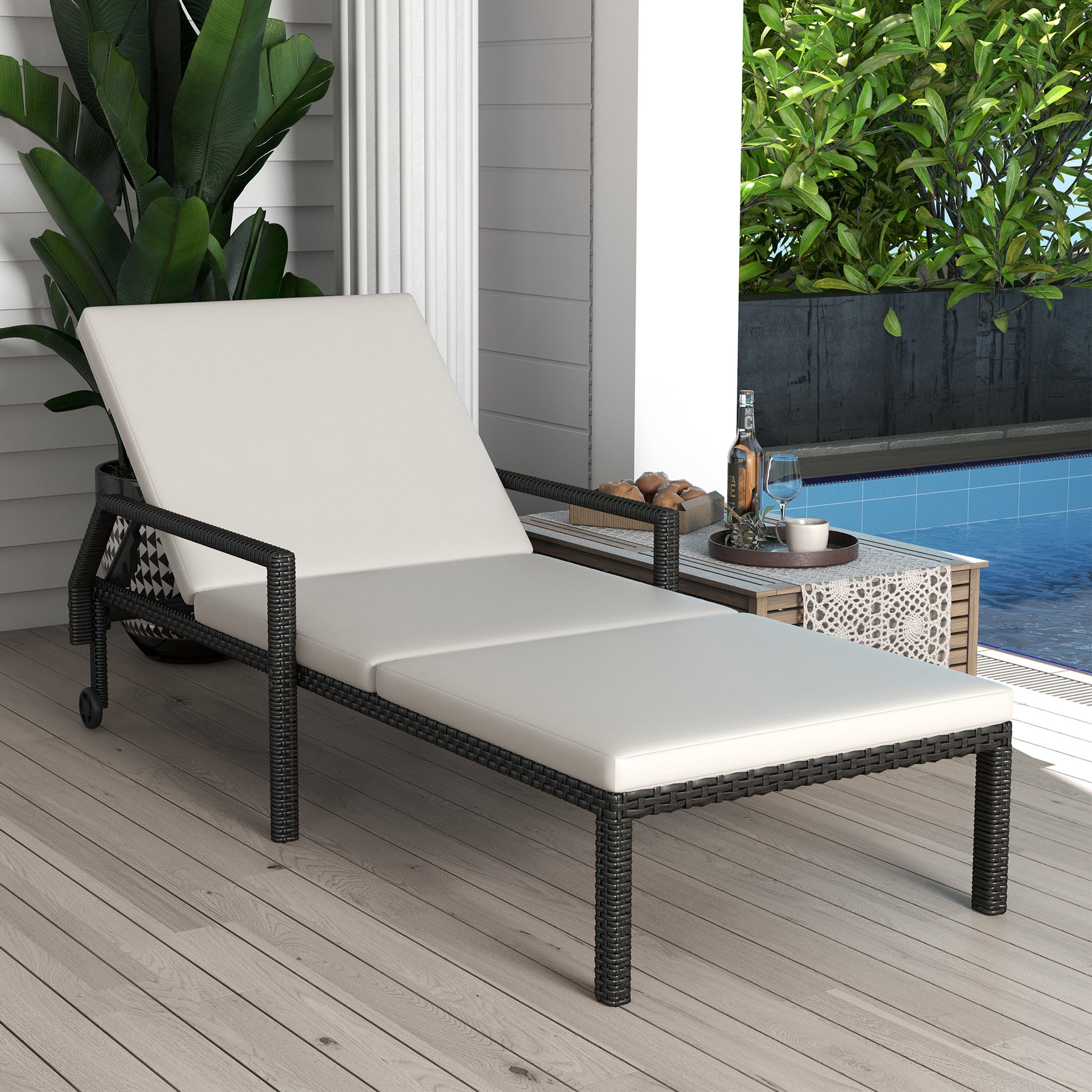 Outsunny Tumbona De Ratán Con Respaldo Ajustable 73x200x48cm Crema Y Negro_1