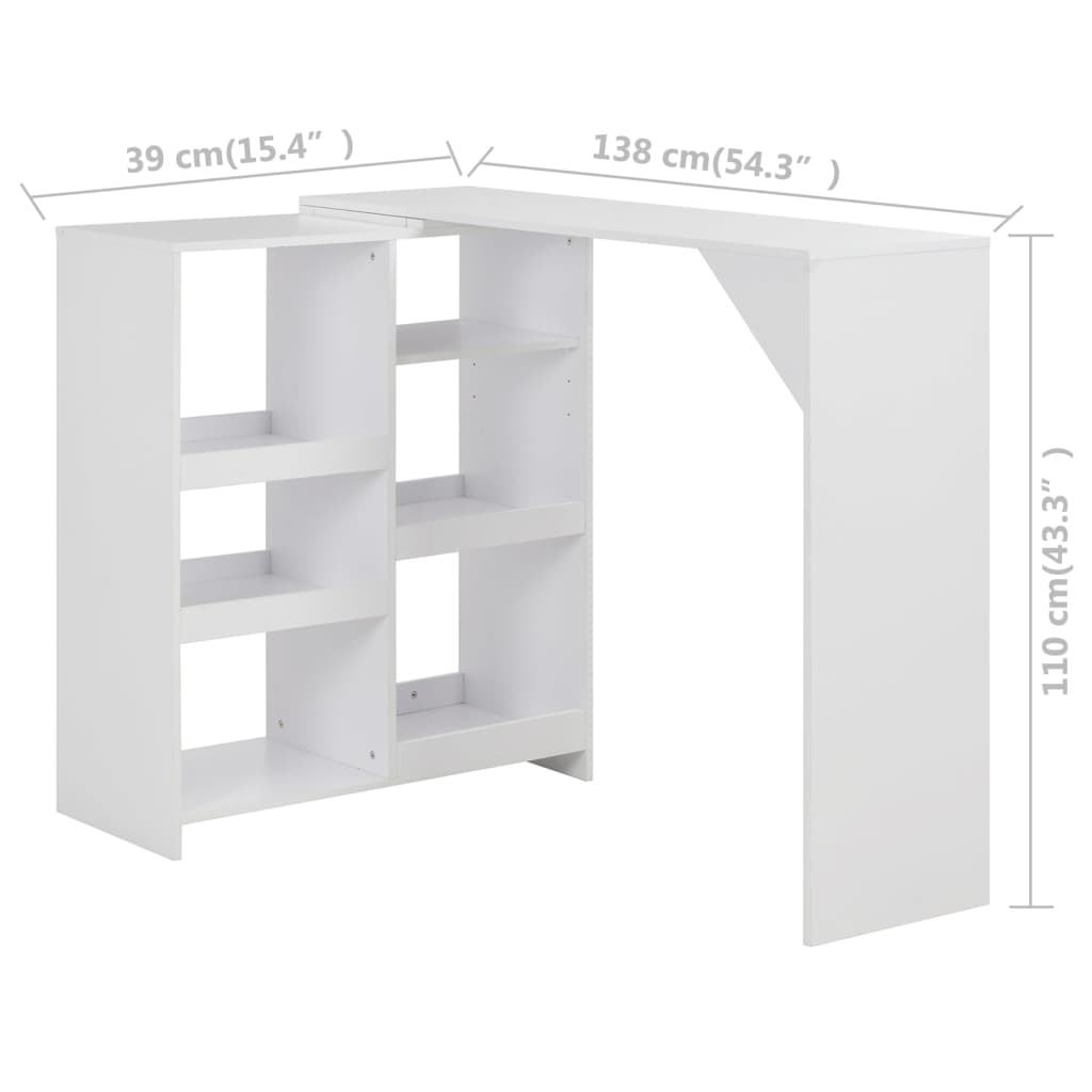 Mesa De Bar Con Estantería Móvil Blanca 138x39x110 Cm_4