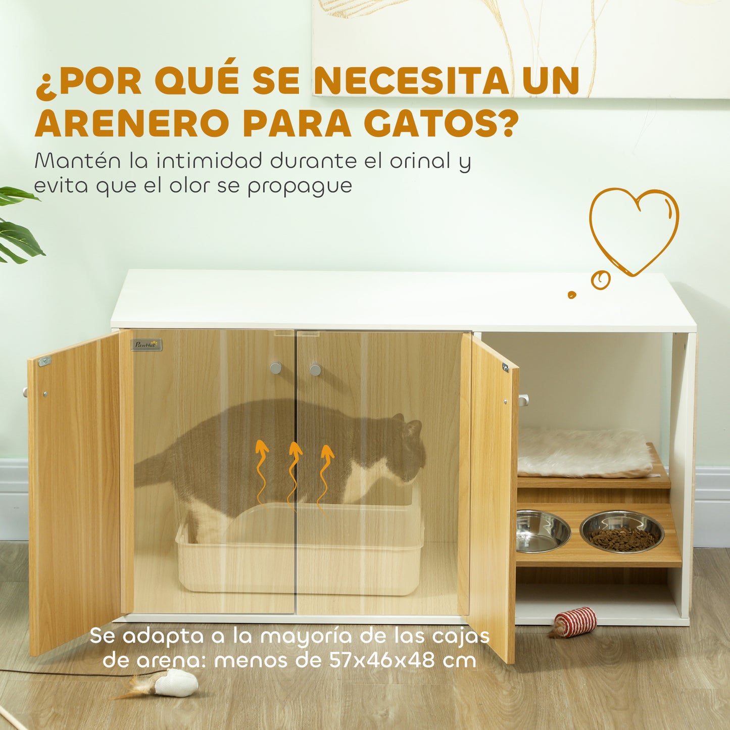 Pawhut Mueble Arenero Para Gatos 3 En 1 Con Puertas Estera Para Rascar Blanco_5