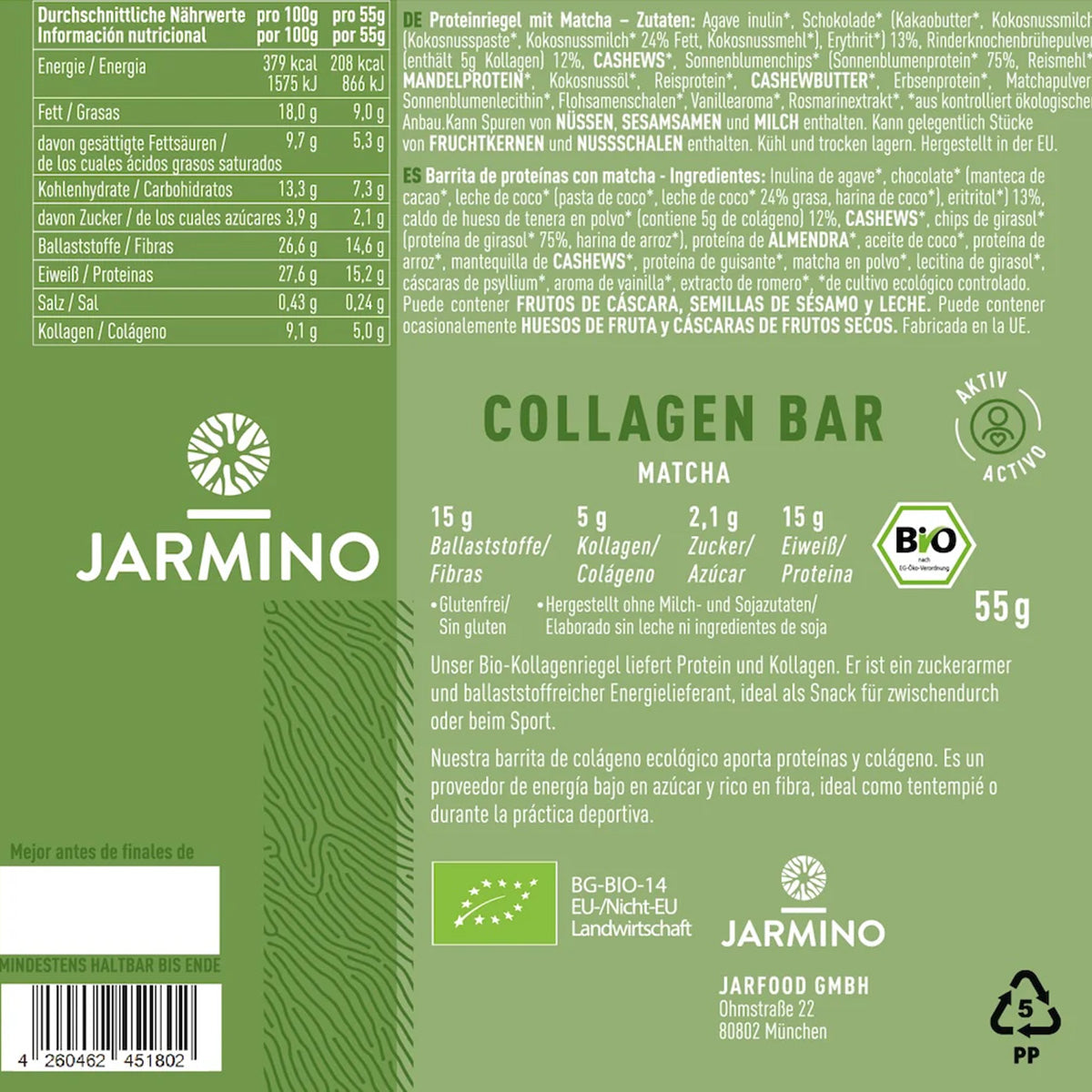 Barrita de Colágeno Matcha BIO 55g