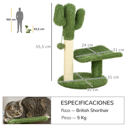 Pawhut Árbol De Cactus Para Gatos 55,5 Cm Con Postes De Sisal Cama Bola Verde_2