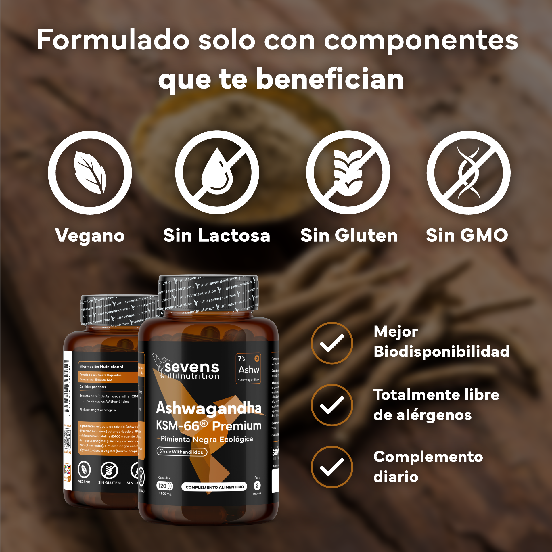 Ashwagandha Ksm-66 Complex Con Pimienta Negra Sevens Nutrition.  Bienestar, Energía Y Concentración