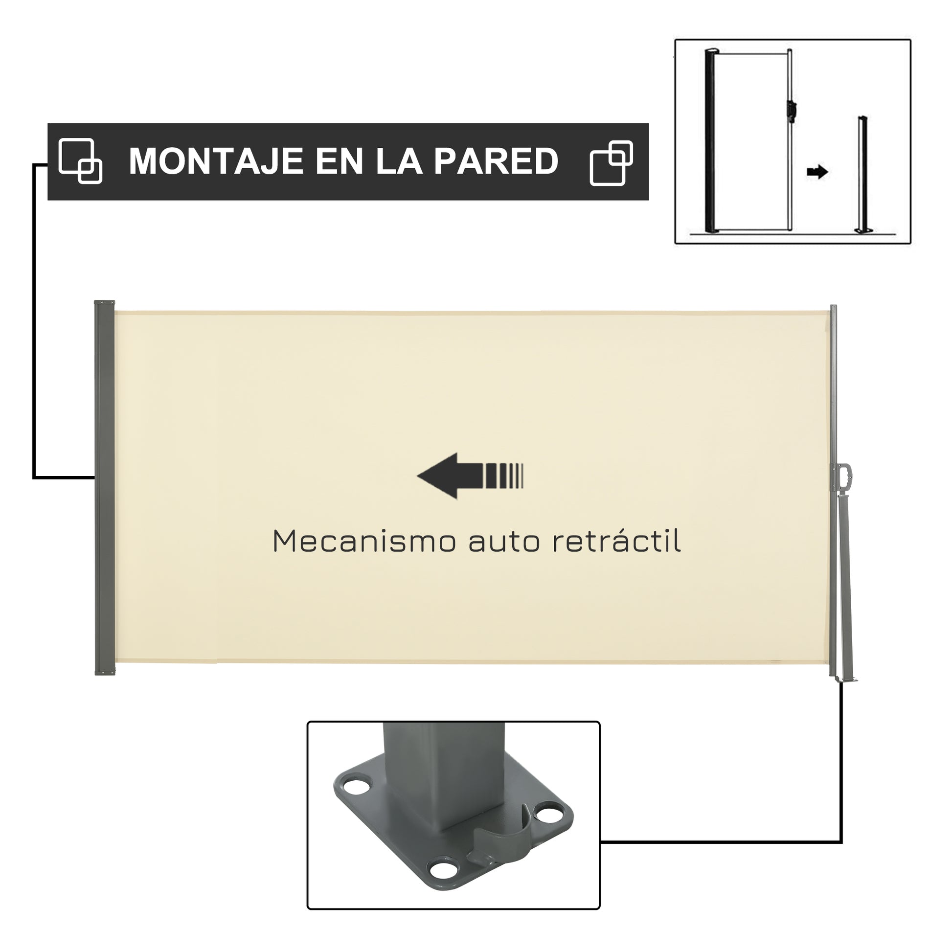 Outsunny Toldo Lateral Retráctil 300x160cm Pantalla Enrollable Para Jardín Crema_3