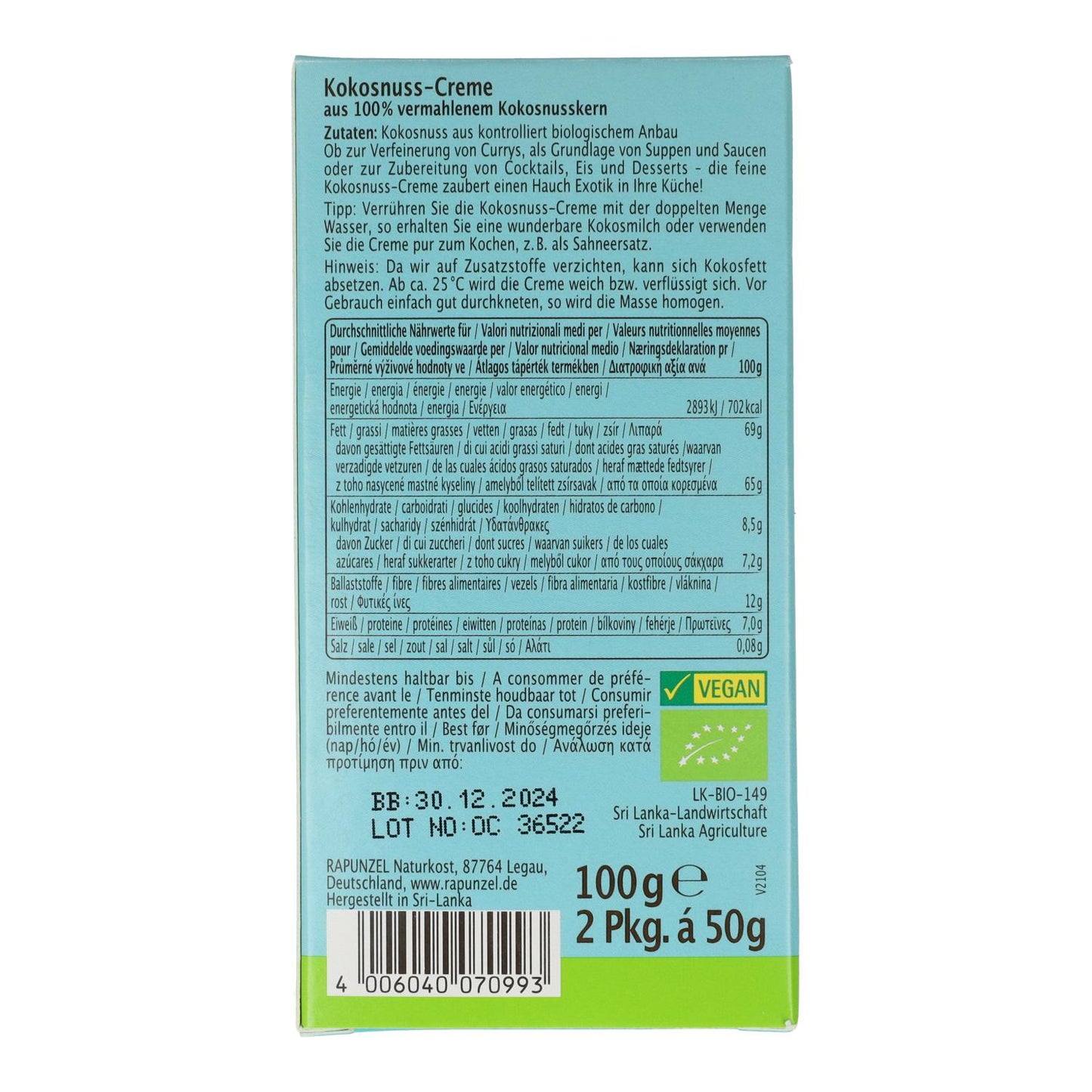 Crema de coco Rapunzel, 2 x 50 g