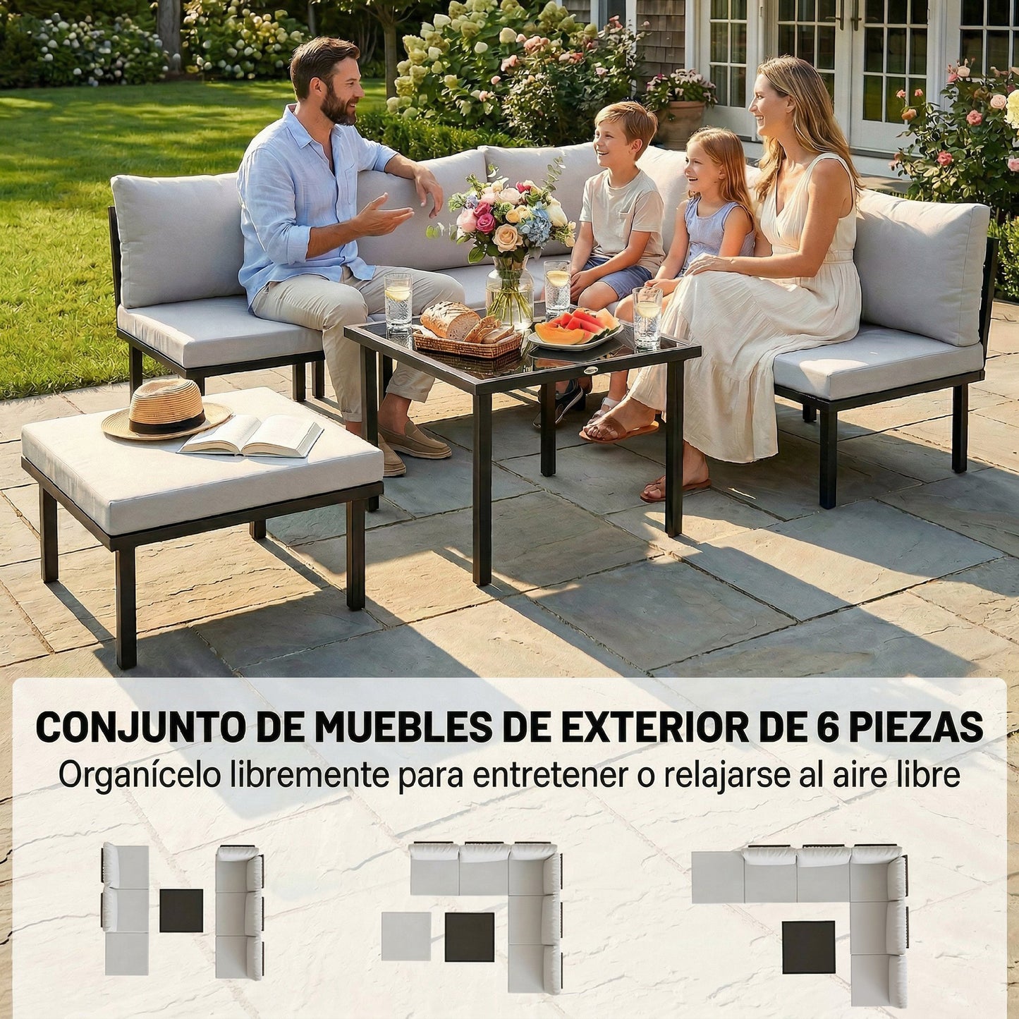 Outsunny Conjunto De Jardín Exterior 6 Piezas En Forma De L Cojines Gris Claro_3