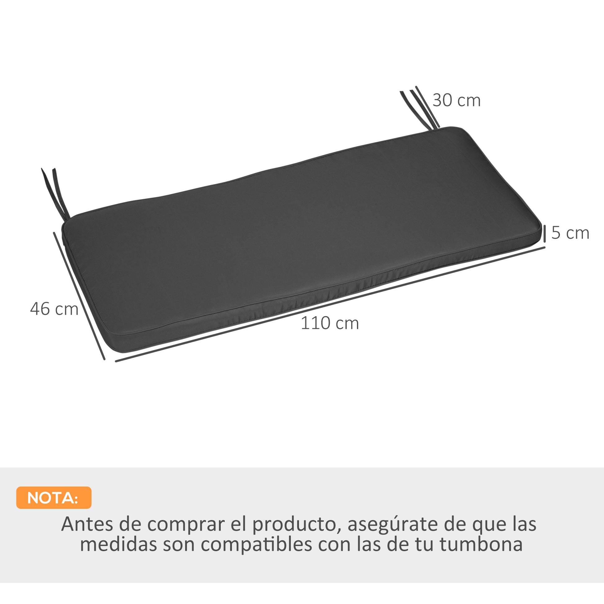 Outsunny Cojín Para Banco De Exterior 110x46x5 Cm Desenfundable Y Lavable Gris_2
