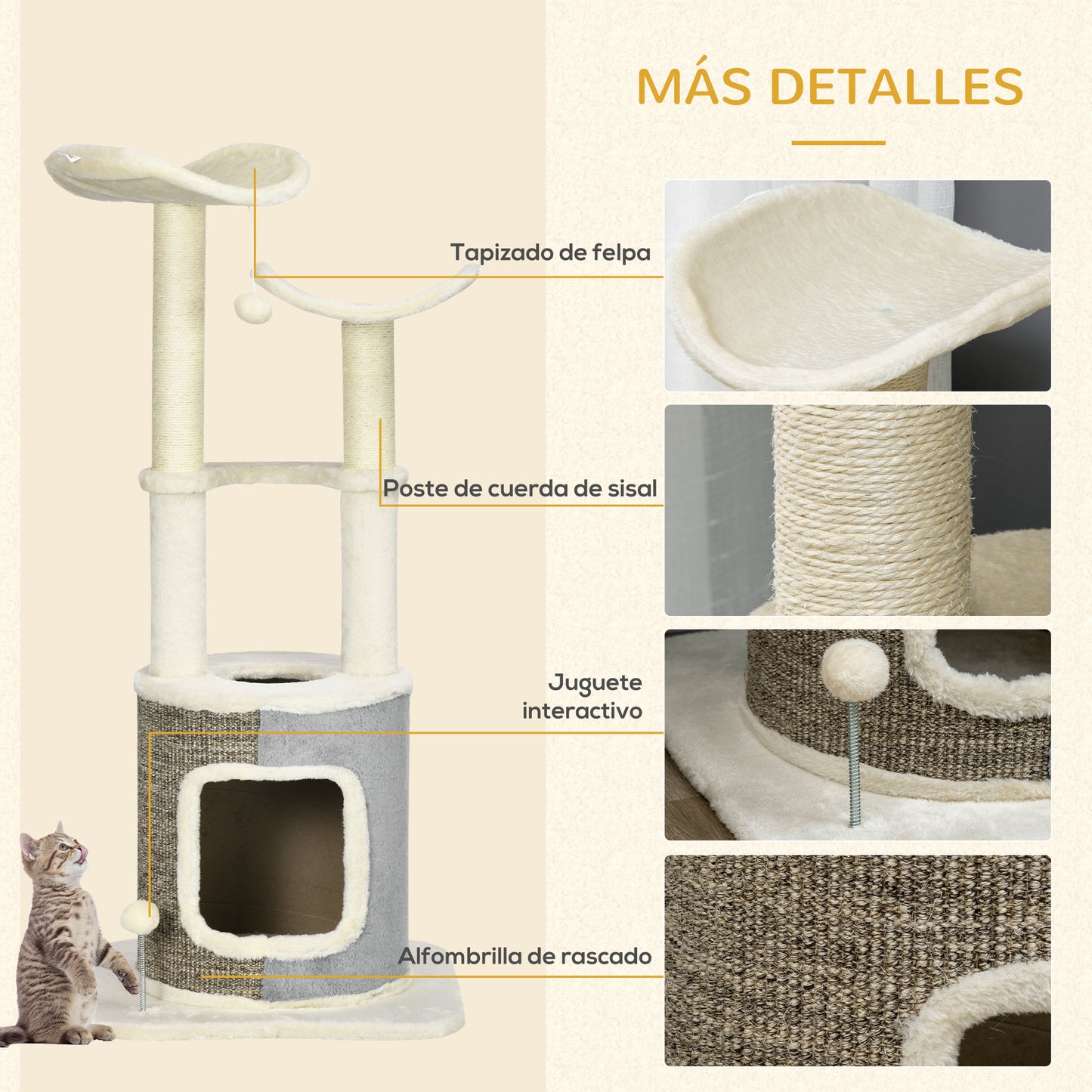 Pawhut Árbol Rascador Para Gatos 110 Cm Con Caseta Plataformas Postes De Sisal_5