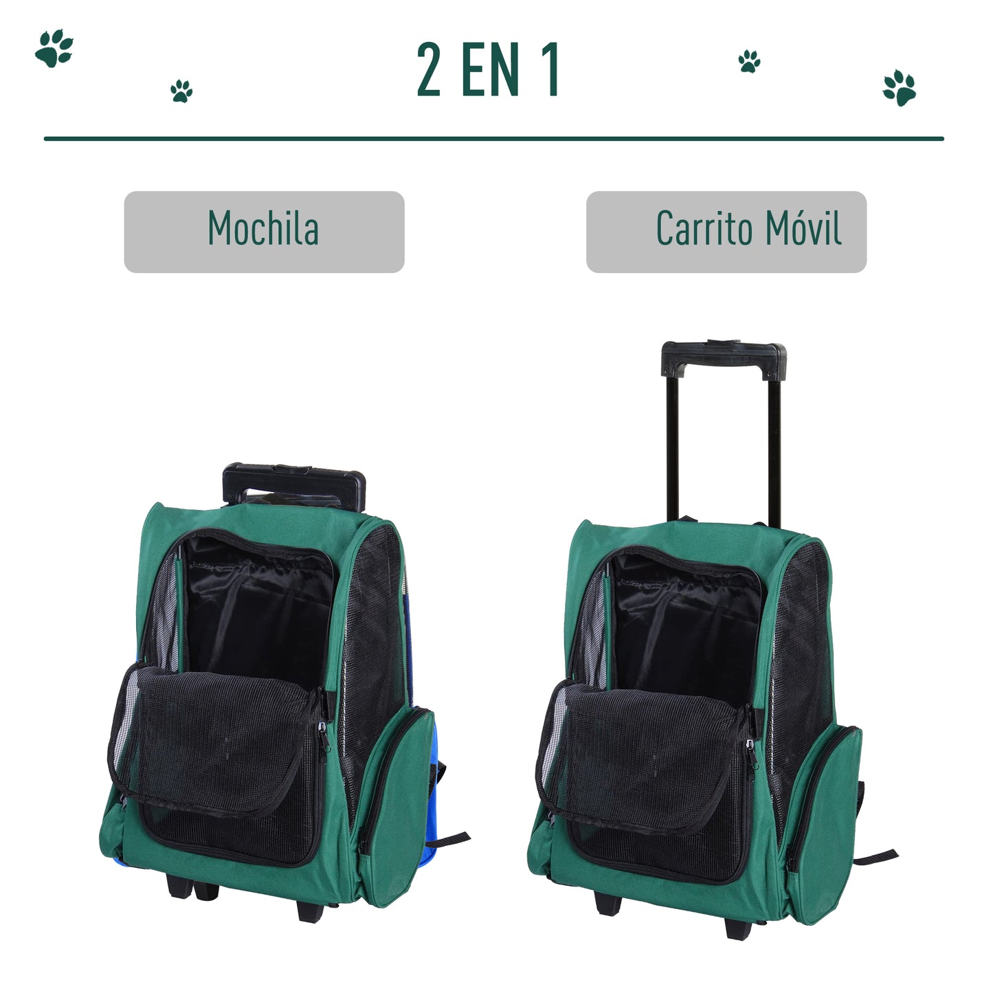 Pawhut Transportín 2 En 1 Para Mascotas Carrito Mochila Ruedas 42x25x55 Cm Verde_3