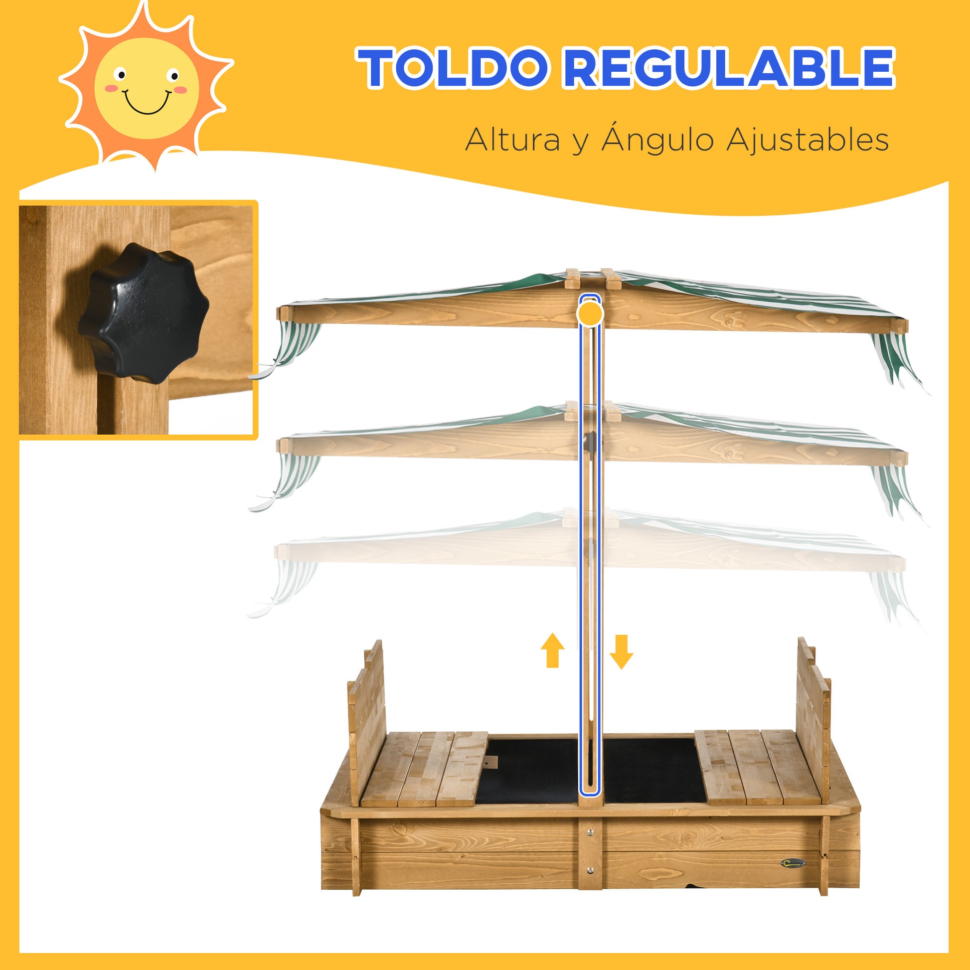 Outsunny Arenero Para Niños De Madera Con Toldo Ajustable 106x106x115 Cm Natural_3