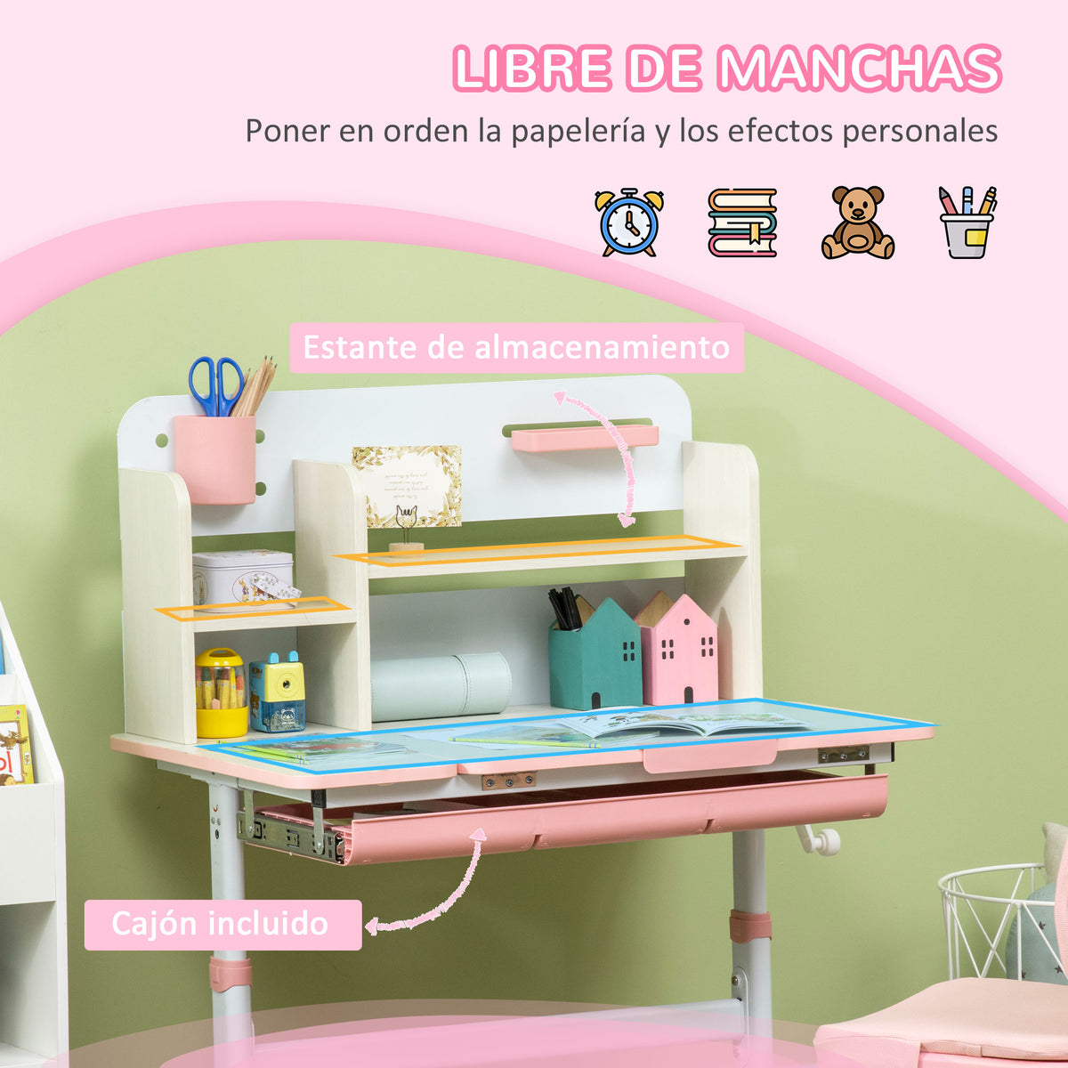Conjunto De Secretária E Cadeira Crianças Homcom Pp, Mdf, Aço, Poliéster E Espuma Rosa 80x52x88-109 Cm_5