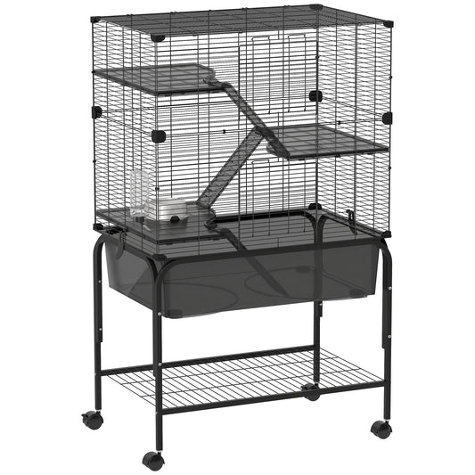 Pawhut Jaula Para Animales Pequeños De 4 Niveles Con Ruedas Bandeja Negro_0