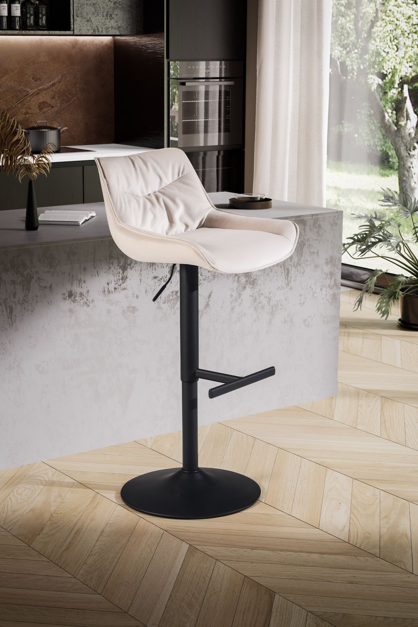 Taburete De Bar Terciopelo Beige Con Respaldo 86 - 106 Cm_2