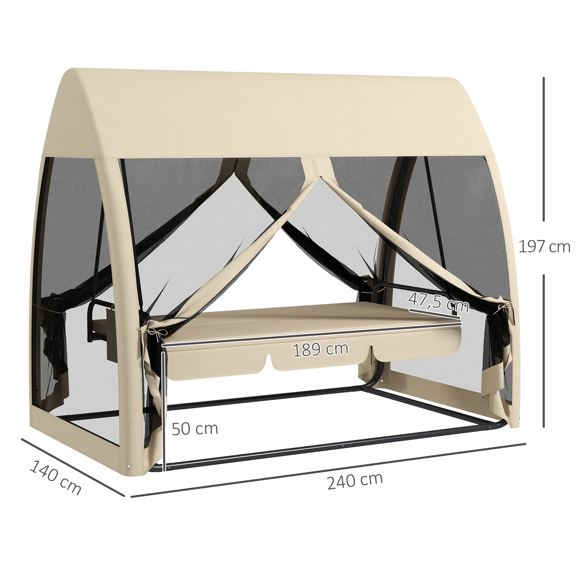 Outsunny Columpio De Jardín De 3 Plazas Convertible En Cama 240x140x197cm Beige_2