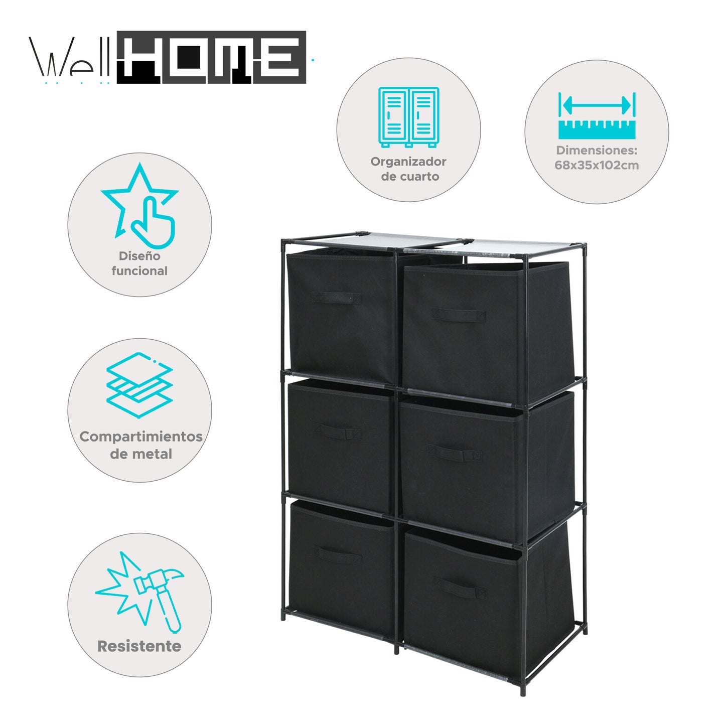 Well Home Cajonera Con 6 Compartimentos De Metal Y Estantes No Tejidos 68x35x102cm_1