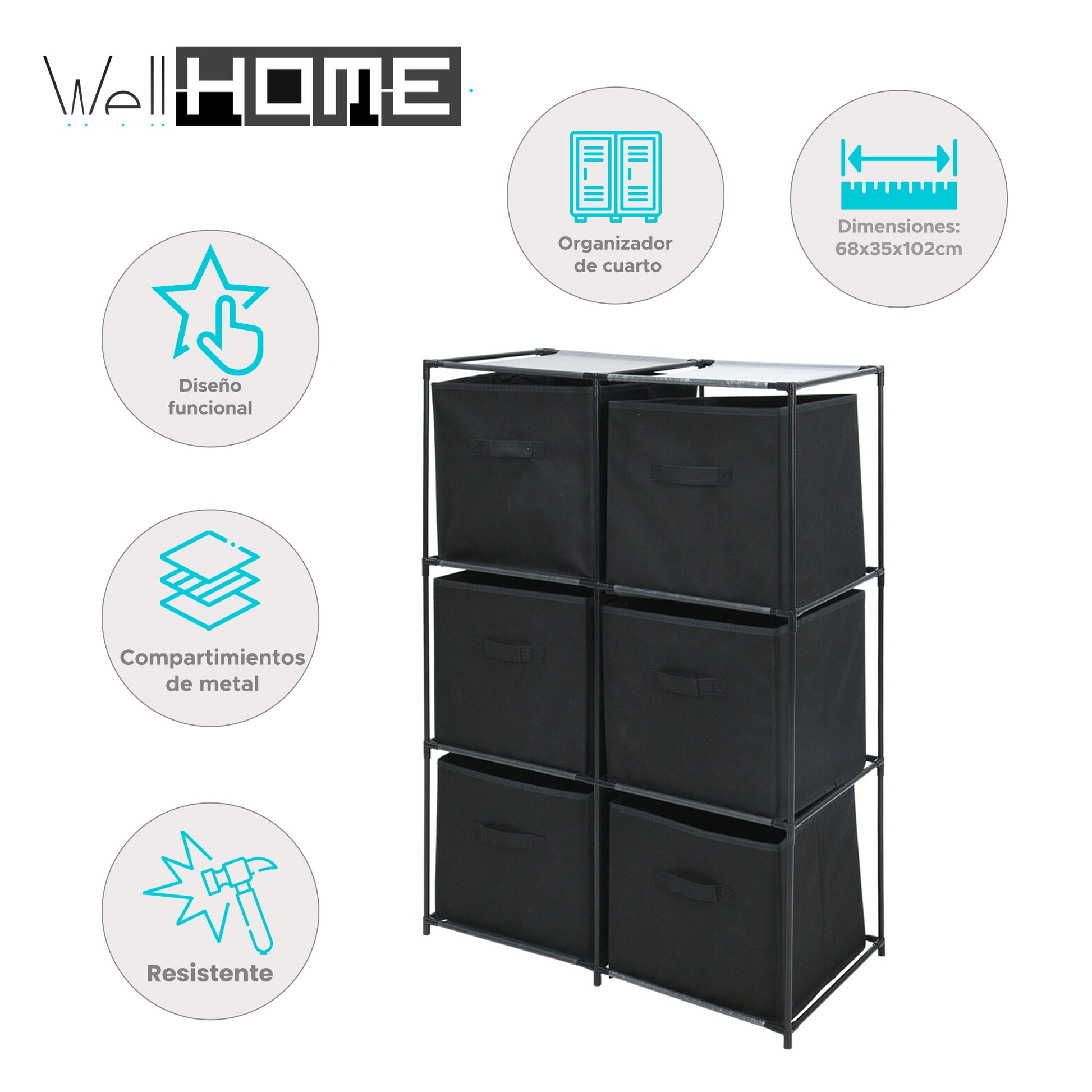 Well Home Cajonera Con 6 Compartimentos De Metal Y Estantes No Tejidos 68x35x102cm_1