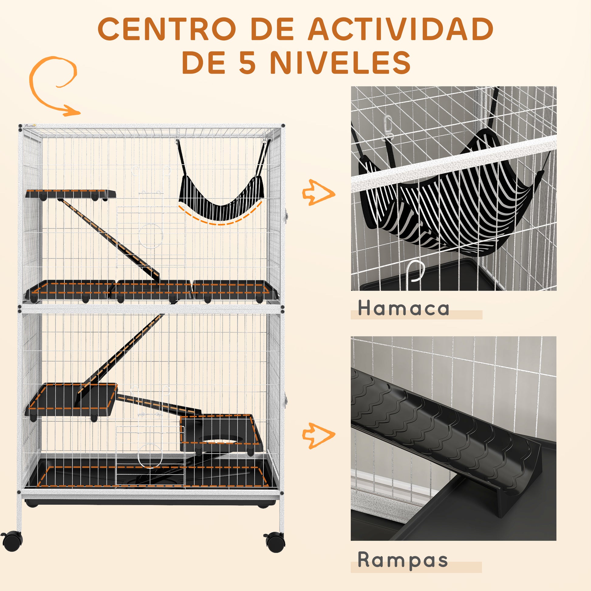Pawhut Jaula Para Animales Pequeños De 4 Niveles Con Ruedas 80x52x128 Cm Blanco_5