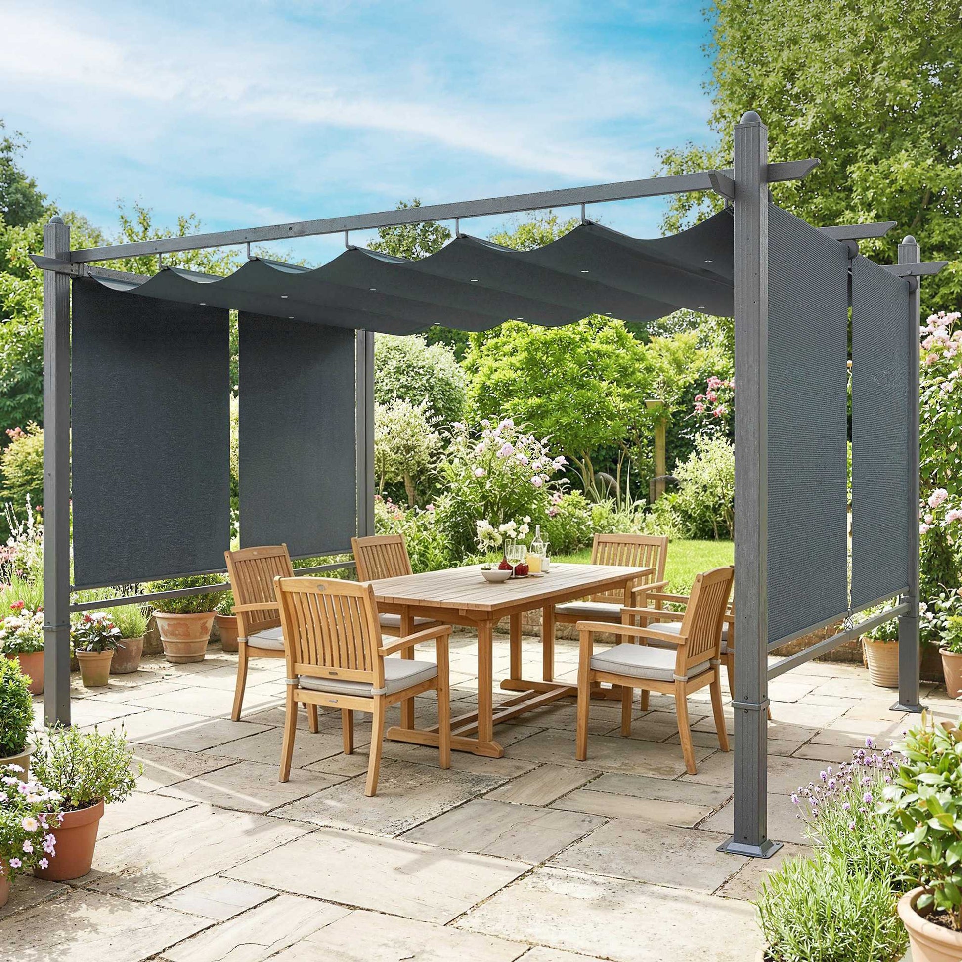 Outsunny Pérgola De Jardín 4x3 M Con Techo Retráctil Cortinas Automáticas Gris_1