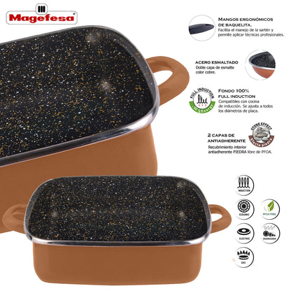 Magefesa Copper Tartera Cuadrada 27 Sin Tapa De Vidrio, Acero Esmaltado Vitrificado, En Cobre, Inducción Y Lavavajillas_3