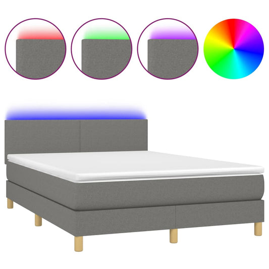 Cama Box Spring Con Colchón Y Led Tela Gris Oscuro 140x190 Cm / Vetonek_0