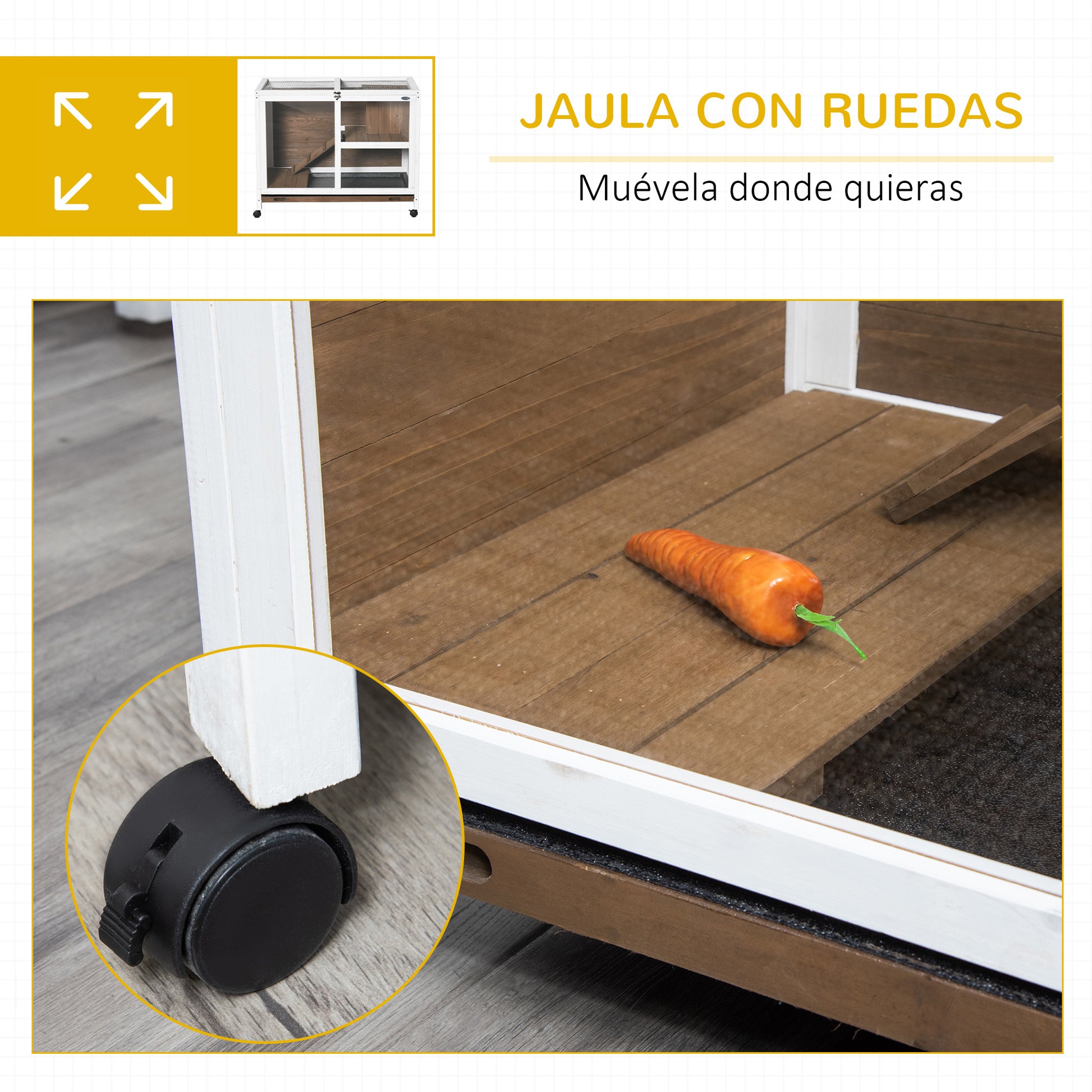 Pawhut Conejera De Madera Con Ruedas 91,5x53,3x73 Cm Techo Abatible Bandeja_5