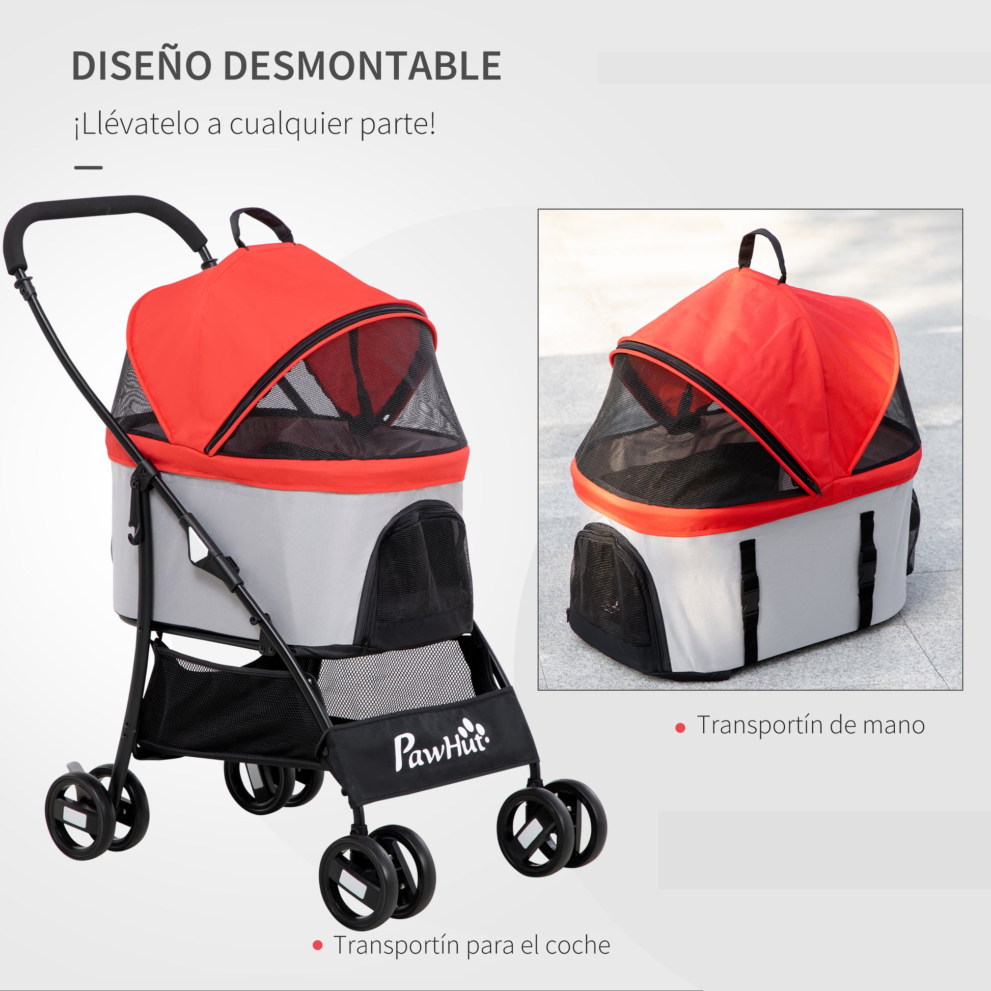 Pawhut Carrito Para Perros Plegable 3 En 1 Con Vagón Desmontable Rojo_4