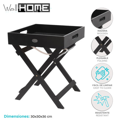 Well Home Bandeja Para Servir En Madera Con Patas Plegables Color Negro 30x30x36cm