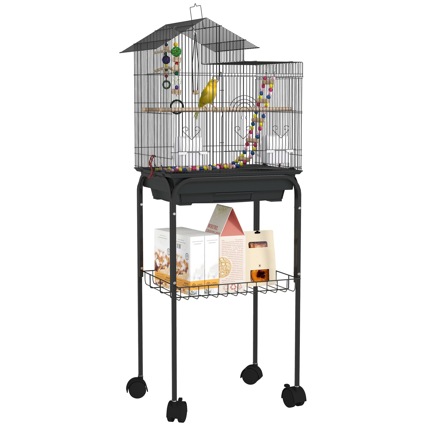 Pawhut Jaula Para Pájaros Con Ruedas Puertas 2 Comederos Columpio 46x36x120cm_0