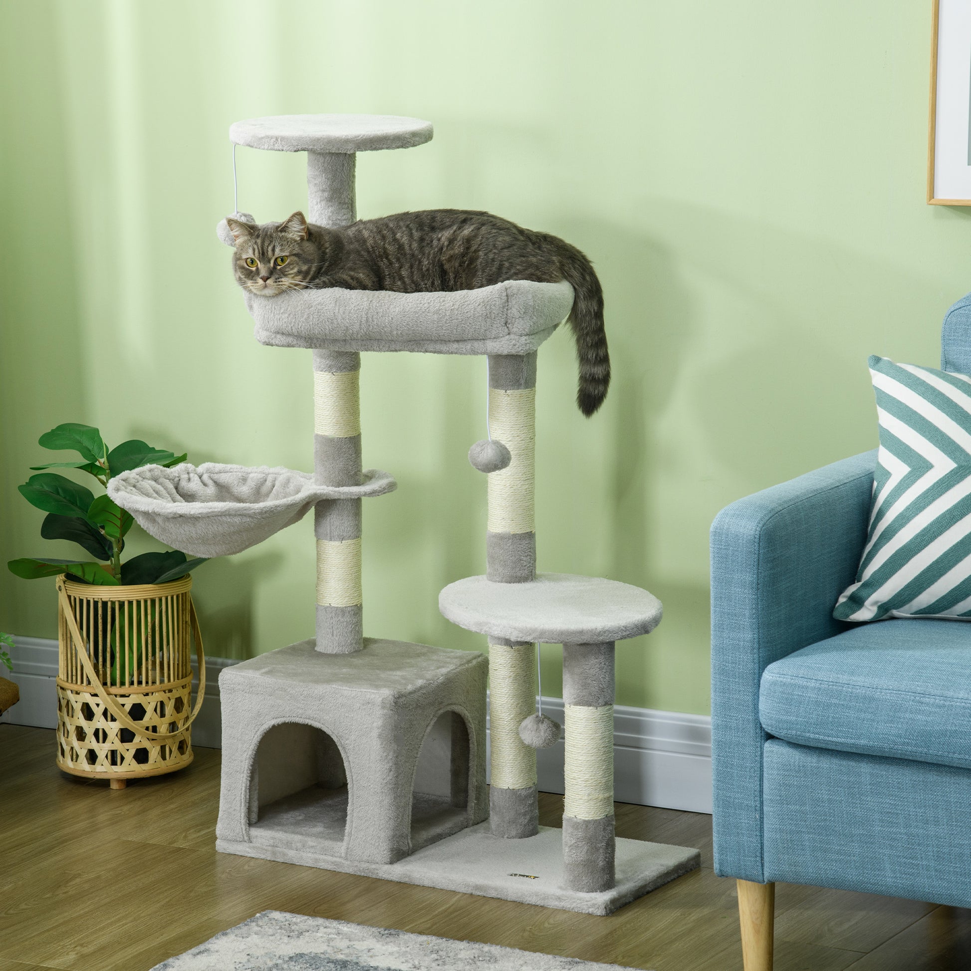 Pawhut Rascador Para Gatos Con Postes Cueva Plataformas Y Bolas Gris Claro_1